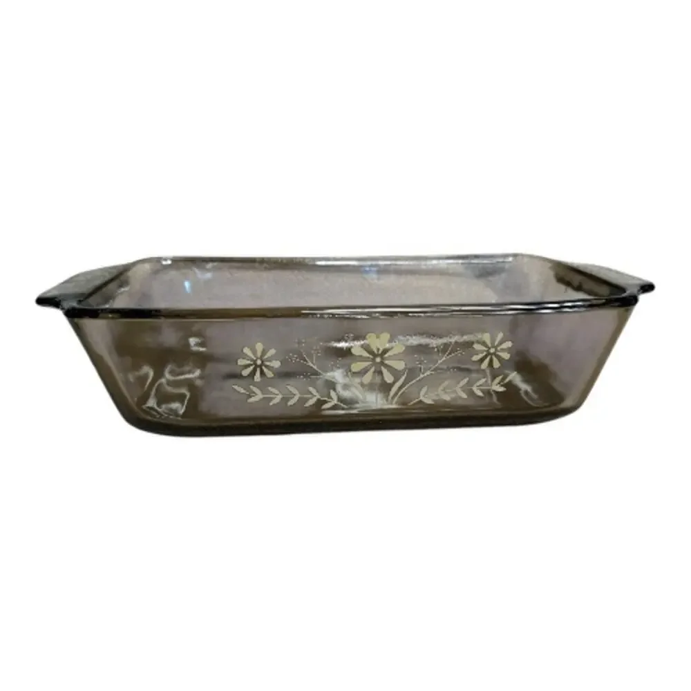 Vntg Amber Glass Yellow Daisies 9x5 Glasbake Jeannette Casserole Baking Dish